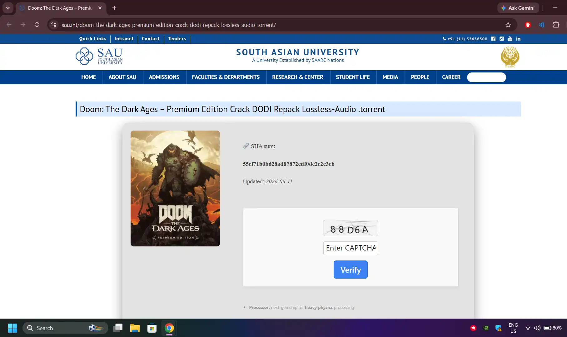 The fake Doom: The Dark Ages download page planted on the South Asian University website, showing a bogus SHA sum and a CAPTCHA Verify box used to make the scam look legitimate.