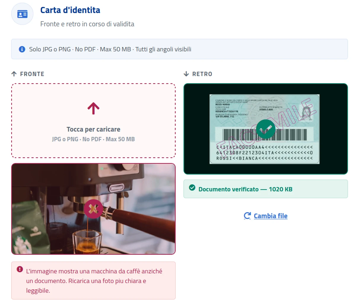 The phishing kit's upload page: on the left a photo of an espresso machine rejected with the Italian message saying the image shows a coffee machine rather than a document, on the right a specimen Italian ID card stamped FACSIMILE accepted with a green Documento verificato tick