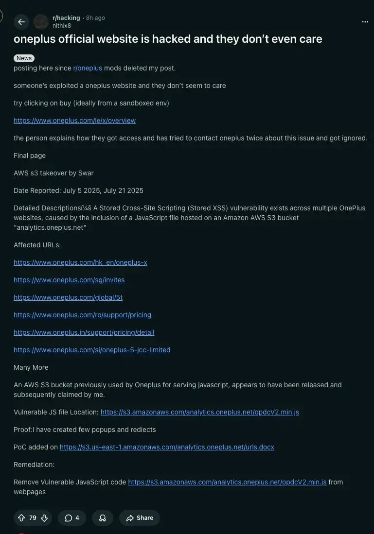 Reddit post on r/hacking disclosing the OnePlus S3 bucket takeover vulnerability, showing the researcher reported it twice to OnePlus with no response
