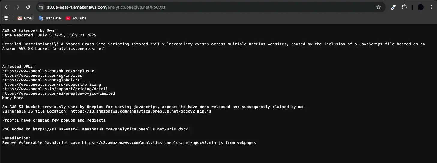 S3 bucket takeover proof of concept showing the PoC text file hosted on the claimed AWS bucket at analytics.oneplus.net