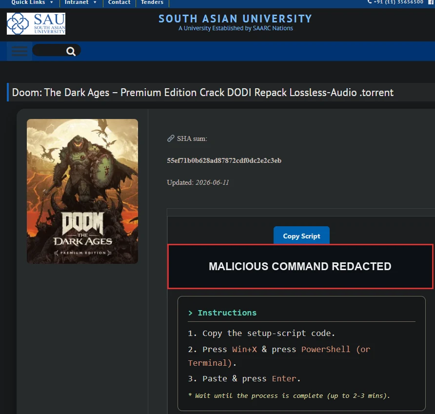 The same malicious page's Copy Script variant, instructing visitors to paste a PowerShell command. IntelFusions has redacted the command and the payload address.